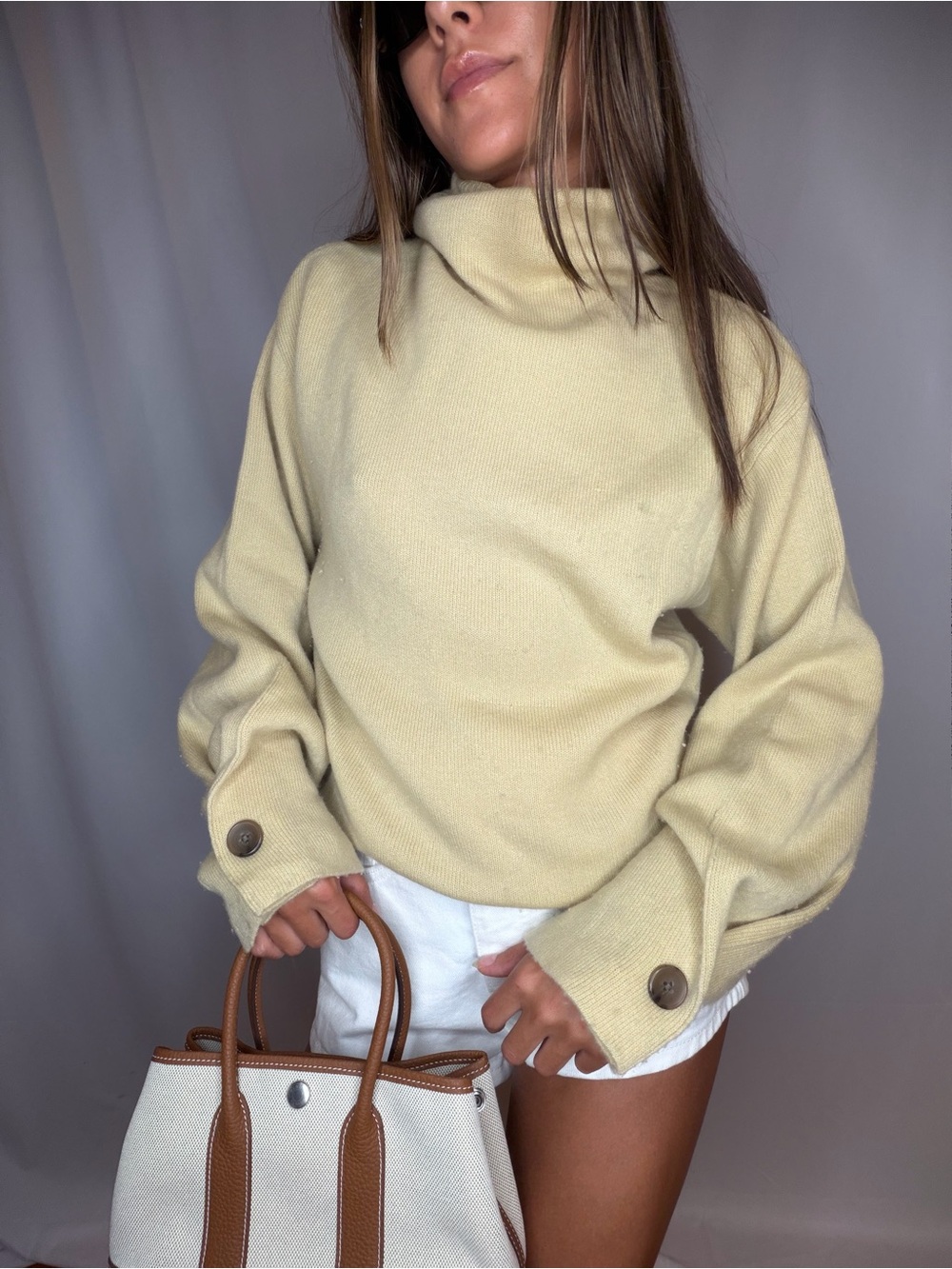 Vince Cream Funnel Neck Sweater with Button Cuffs